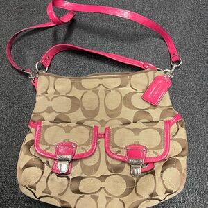 Coach Tan and Pink Shoulder Bag with Monogram